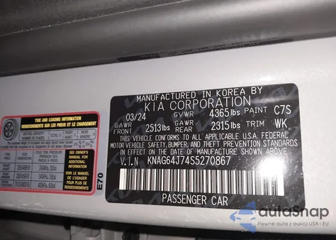 2025 Kia K5 Gt-Line z USA, uszkodzony, nr VIN KNAG64J74S5270867